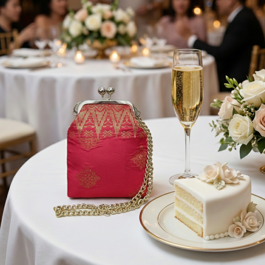 Pink handbag with gold detailing on a table with a cake and champagne glass.