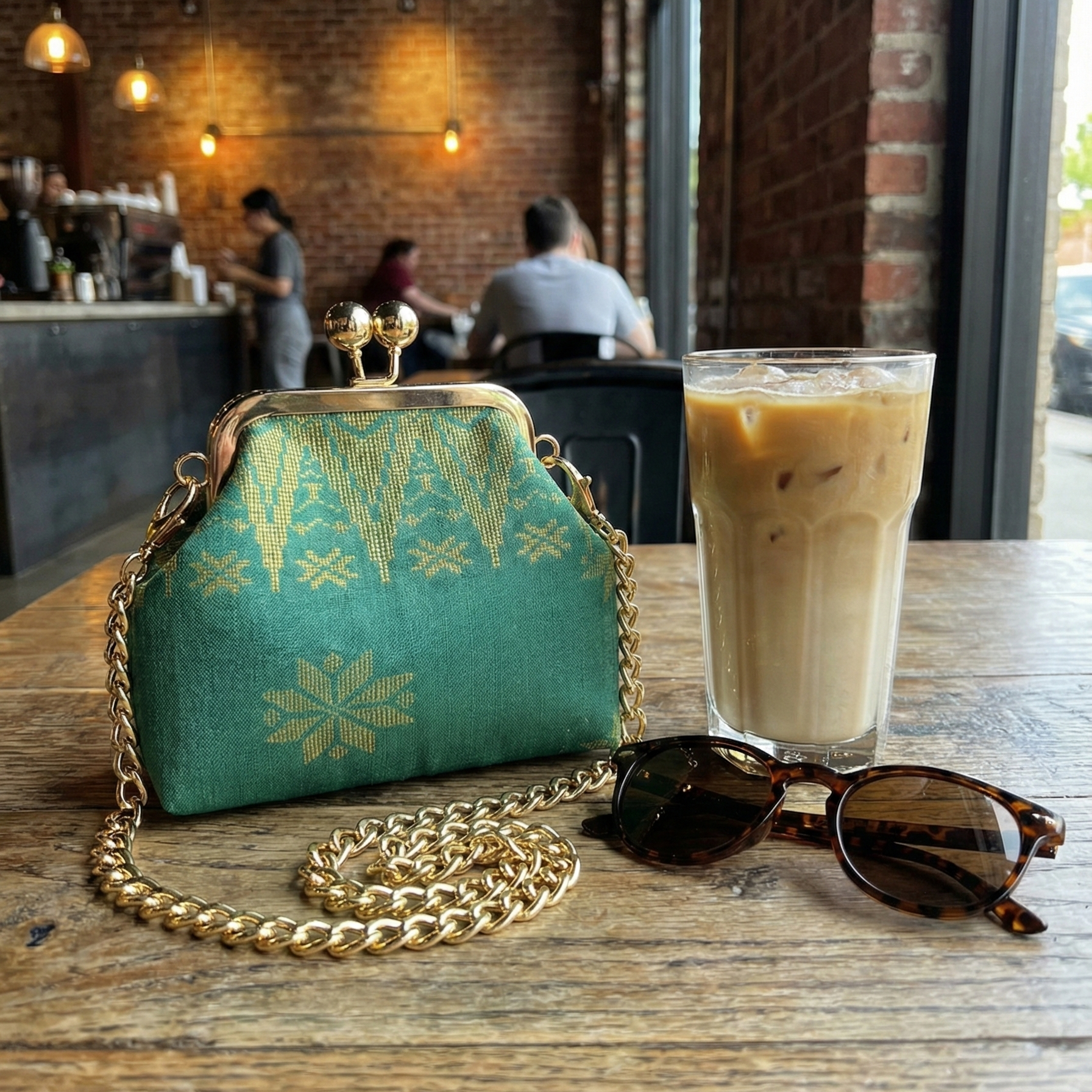 Teal handbag with gold chain and sunglasses on a table in a cafe setting